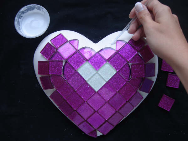 glue mosaic onto heart bisque